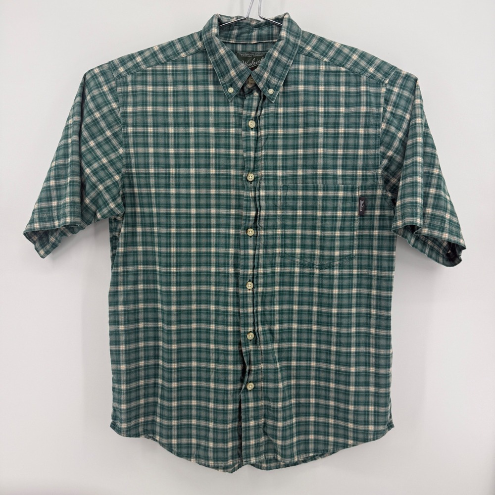 Woolrich Button Down Shirt Mens M Green Plaid Cotton Short Sleeve Pocket